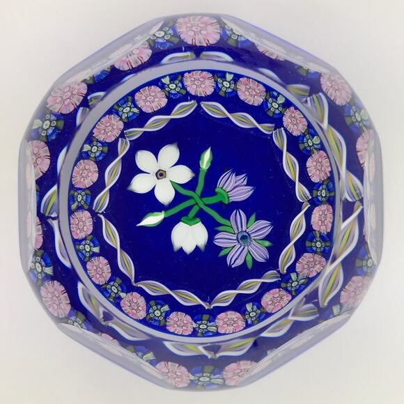 Perthshire 1986B Bouquet Lampwork Flower Millefiori Twist Facet Blue Paperweight - Picture 6 of 14